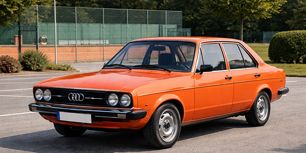Audi 80 GT am Parkplatz eines Tennisclubs, 1970er-Jahre-Stimmung mit Vintage-Outfits.