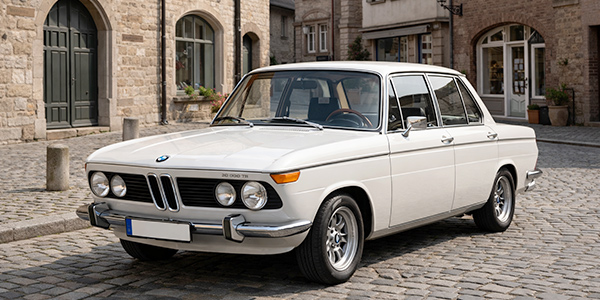 BMW 2000 tii in der Farbe weiß in einer Altstadt, mit offenem Schiebedach.
