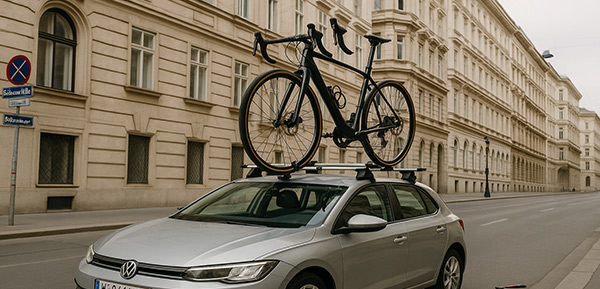 Auto mit Fahrrädern auf Dachträger fährt durch Wiener Innenstadt.