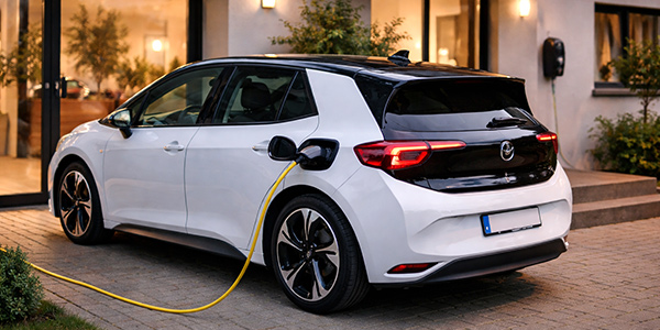 Elektroauto lädt ruhig an privater Wallbox im österreichischen Wohnumfeld.