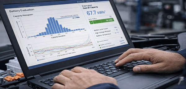 Diagnoseanzeige zeigt Batteriezustand und Kapazität eines gebrauchten Elektroautos.