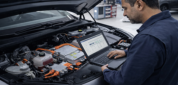 Techniker prüft gebrauchten Elektroauto-Leasingrückläufer mit Diagnosegerät in Werkstatt.