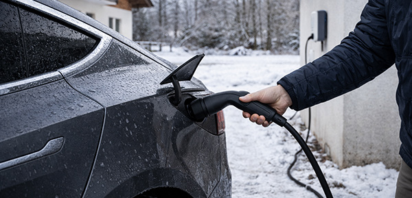 Elektroauto wird im Winter direkt nach der Fahrt an einer privaten Wallbox geladen.