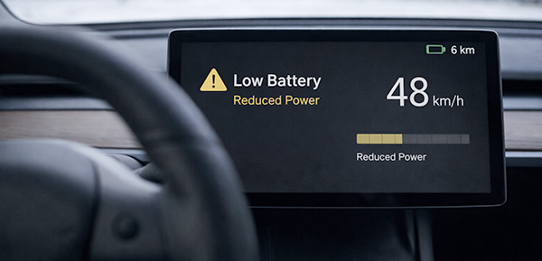 Warnanzeige eines Elektroautos bei niedrigem Akkustand im Winter.