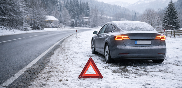 Abgesichertes Elektroauto mit Warnblinker und Warndreieck am winterlichen Straßenrand.