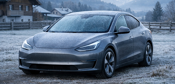 Elektroauto steht an einem kalten Wintermorgen in Österreich mit Reif auf Dach und Scheiben.