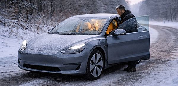Elektroauto steht wintertauglich auf verschneiter Landstraße mit warmem Innenraum.