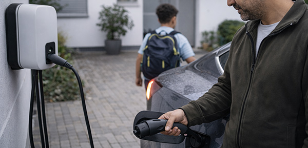 Elektroauto lädt an privater Wallbox in österreichischer Einfahrt mit Familie.