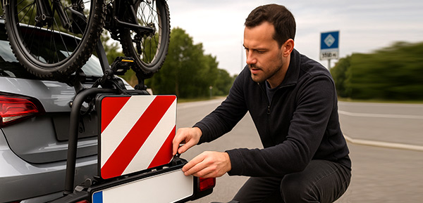 Warntafel und Zusatzkennzeichen vor Auslandsreise am Fahrradträger montiert.