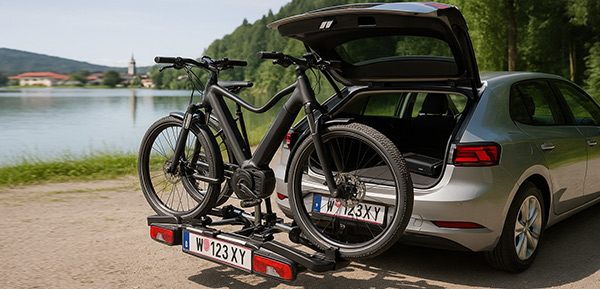 E-Bike sicher auf Heckträger eines Elektroautos montiert, Akku separat im Kofferraum verstaut.