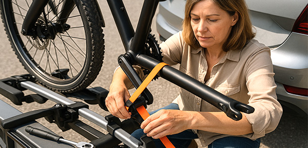 Frau sichert Fahrrad mit Spanngurt am Autoträger.