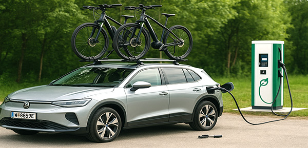 Elektroauto mit Fahrrädern auf Dachträger lädt an Stromtankstelle.