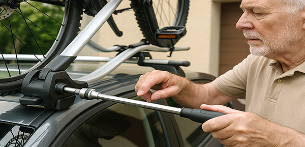 Senior kontrolliert Verschraubung des Fahrradträgers mit Drehmomentschlüssel.