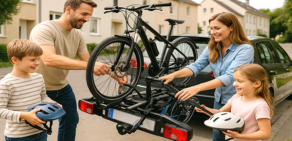 Familie befestigt gemeinsam Fahrräder am Autoheckträger.