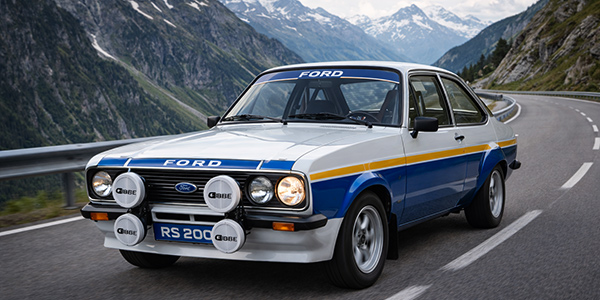 Ford Escort RS2000 in Rallye-Lackierung auf einer kurvigen Alpenstraße.