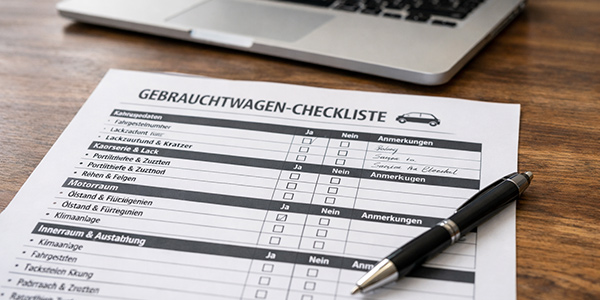 Ausgedruckte Gebrauchtwagen-Checkliste neben Laptop und Stift als Vorbereitung für Autokauf