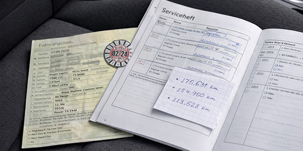 Fahrzeugunterlagen und Serviceheft auf dem Beifahrersitz zur Prüfung beim Autokauf