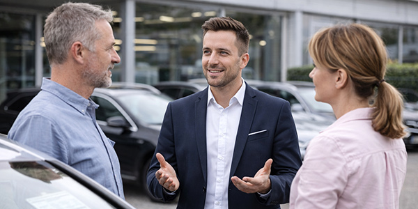 Beratungsgespräch zwischen Autohändler und Interessenten vor Gebrauchtwagen