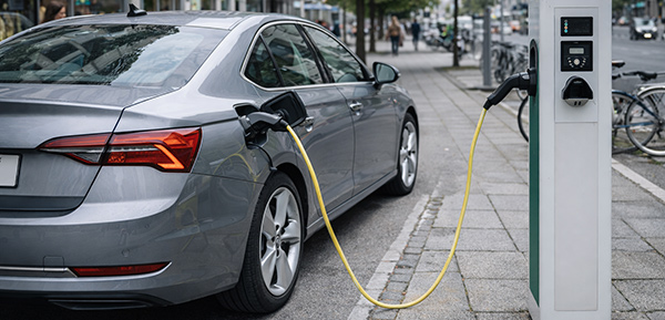 Elektroauto beim Laden im urbanen Alltag als Beispiel für moderne Antriebskonzepte