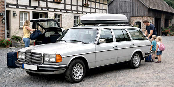 Mercedes W123 Kombi mit Dachbox vor einem Bauernhof, Familie lädt Gepäck ein.