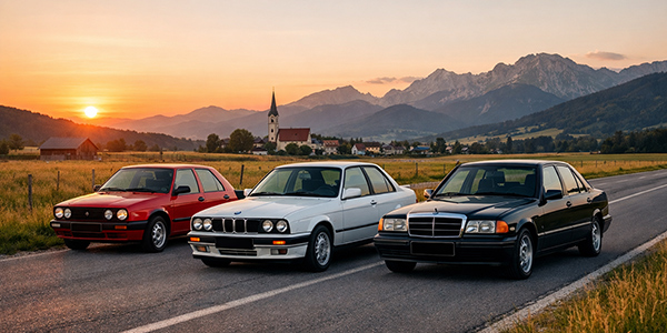 Mehrere 80er-Jahre-Youngtimer wie VW Golf II, BMW E30 und Mercedes 190 auf einer österreichischen Landstraße bei Sonnenuntergang.
