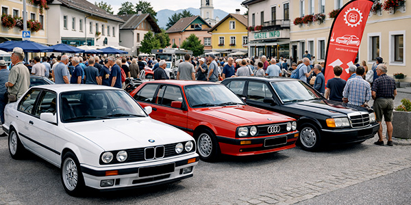 Oldtimer-Treffen in einer österreichischen Kleinstadt mit mehreren 80er-Jahre-Fahrzeugen – lebendige Community, Clubs und Veranstaltungen für Klassiker-Fans.