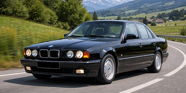 BMW 5er E34 in Fahrt auf einer Landstraße – sportlicher 90er‑Jahre Youngtimer.