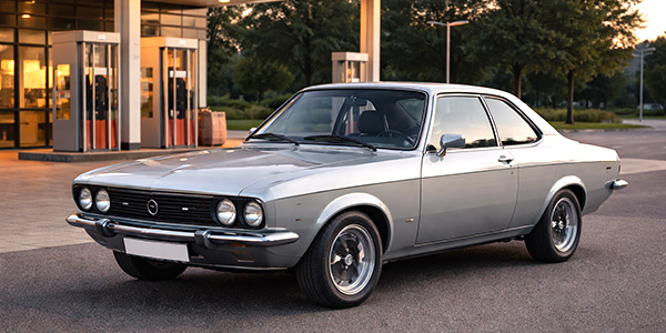 Opel Manta A in Silber vor einer Tankstelle im Vintage-Stil, fotografiert bei Abendlicht.