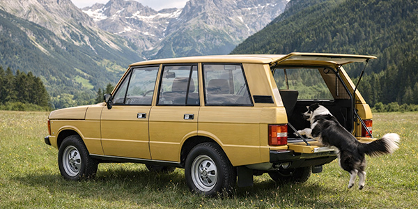 Range Rover Classic auf einer Wiese mit Berghintergrund, Hund springt in den Kofferraum.