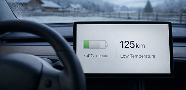 Reichweitenanzeige eines Elektroautos bei niedrigen Temperaturen im Winterbetrieb.