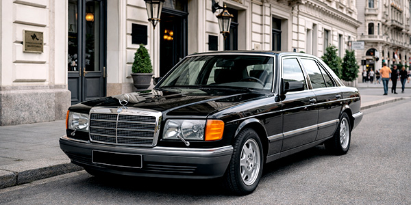 Mercedes S-Klasse W126 als luxuriöser Oldtimer vor einem stilvollen Gebäude in Wien – Oberklasse-Ikone der 80er-Jahre mit viel Komfort und Technik.