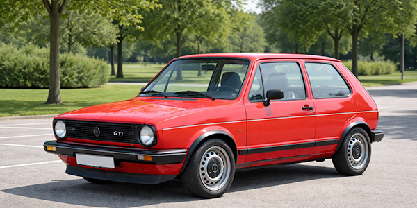 VW Golf 1 GTI in klassischem Rot auf einer Landstraße, Seitensicht mit Fokus auf das kantige Design.