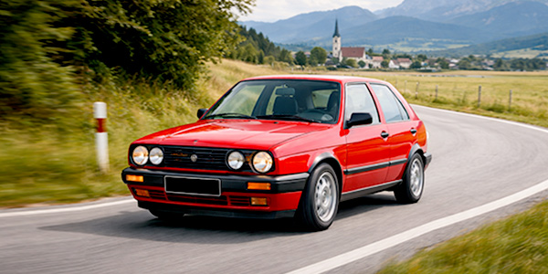 Roter VW Golf II GTI aus den 80er-Jahren sportlich auf einer kurvigen Landstraße – kultiger Kompaktwagen für alle, die einen sportlichen Oldtimer in Österreich suchen.
