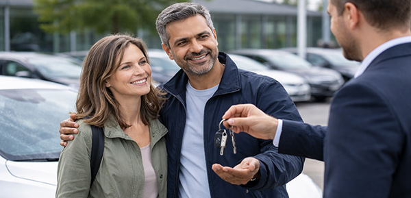 Zufriedene Käufer übernehmen ihr geprüftes gebrauchtes Elektroauto beim Händler.
